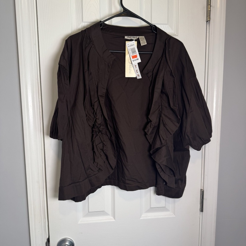 NWT Gold Flava Brown Ruffled Trim Short Sleeves Open Front Cardigan SuperPlus 32